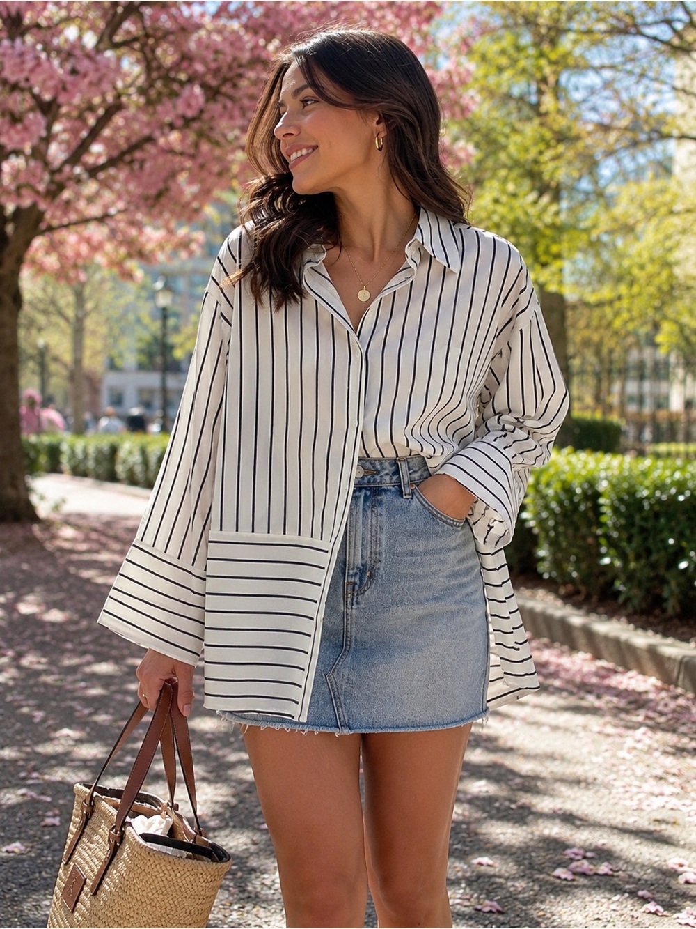 575. Studio 1886 White Blouse with Navy Pinstripes